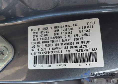 2012 Honda Accord 3.5 Ex-L z USA, uszkodzony, nr VIN 1HGCP3F84CA039326